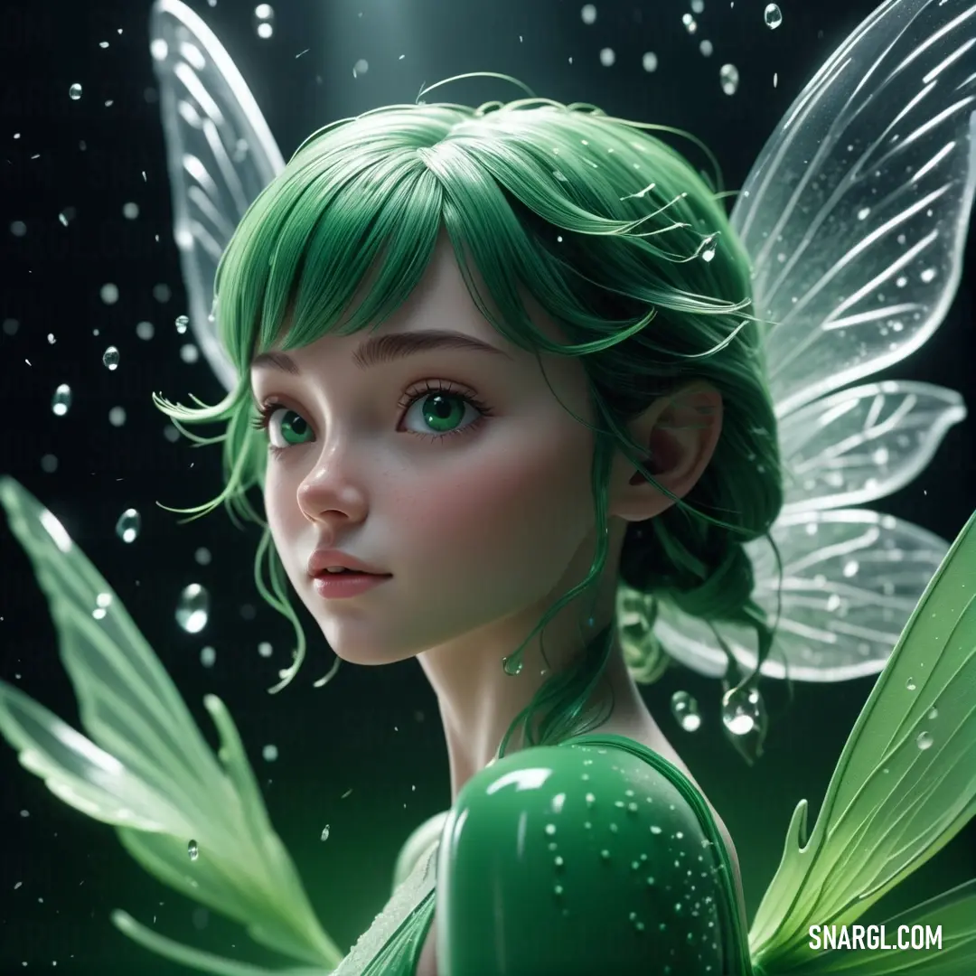 Green fairy with green hair and green wings is staring at the camera with a dark background. Example of RGB 33,169,107 color.