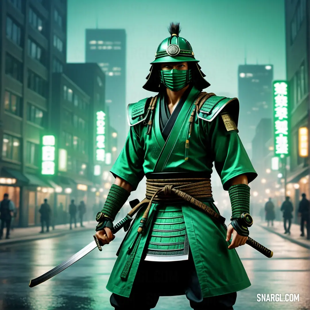 RAL 150 60 50 color example: Man in a green outfit holding a sword in a city street at night with buildings in the background