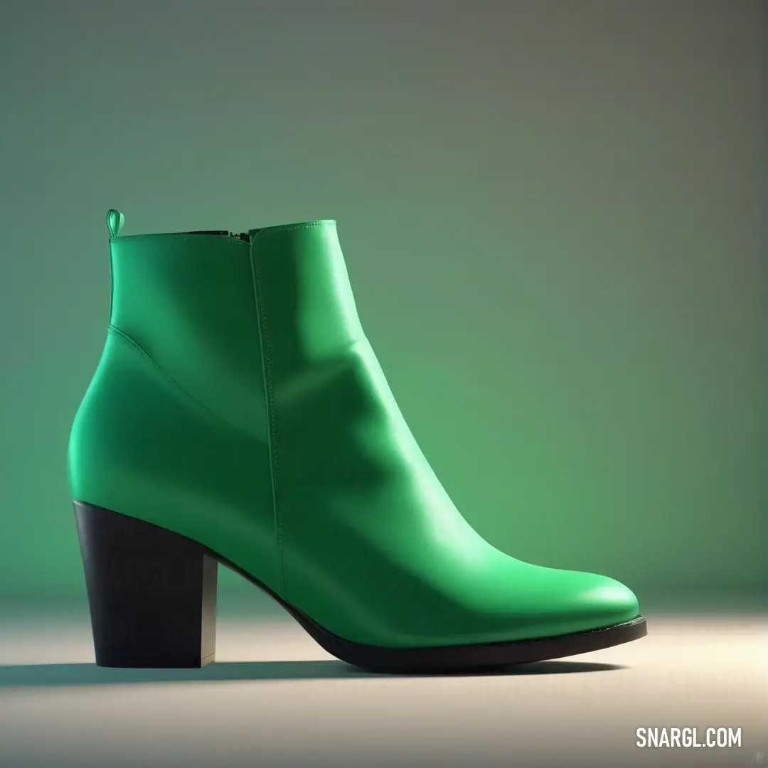 Green boot is shown on a white surface with a black heel. Color RAL 150 60 50.