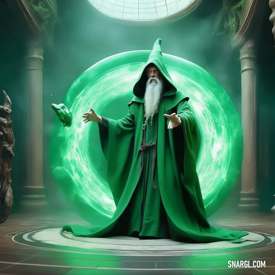 RAL 150 60 50 color. Wizard with a green robe and a white beard standing in front of a green orb