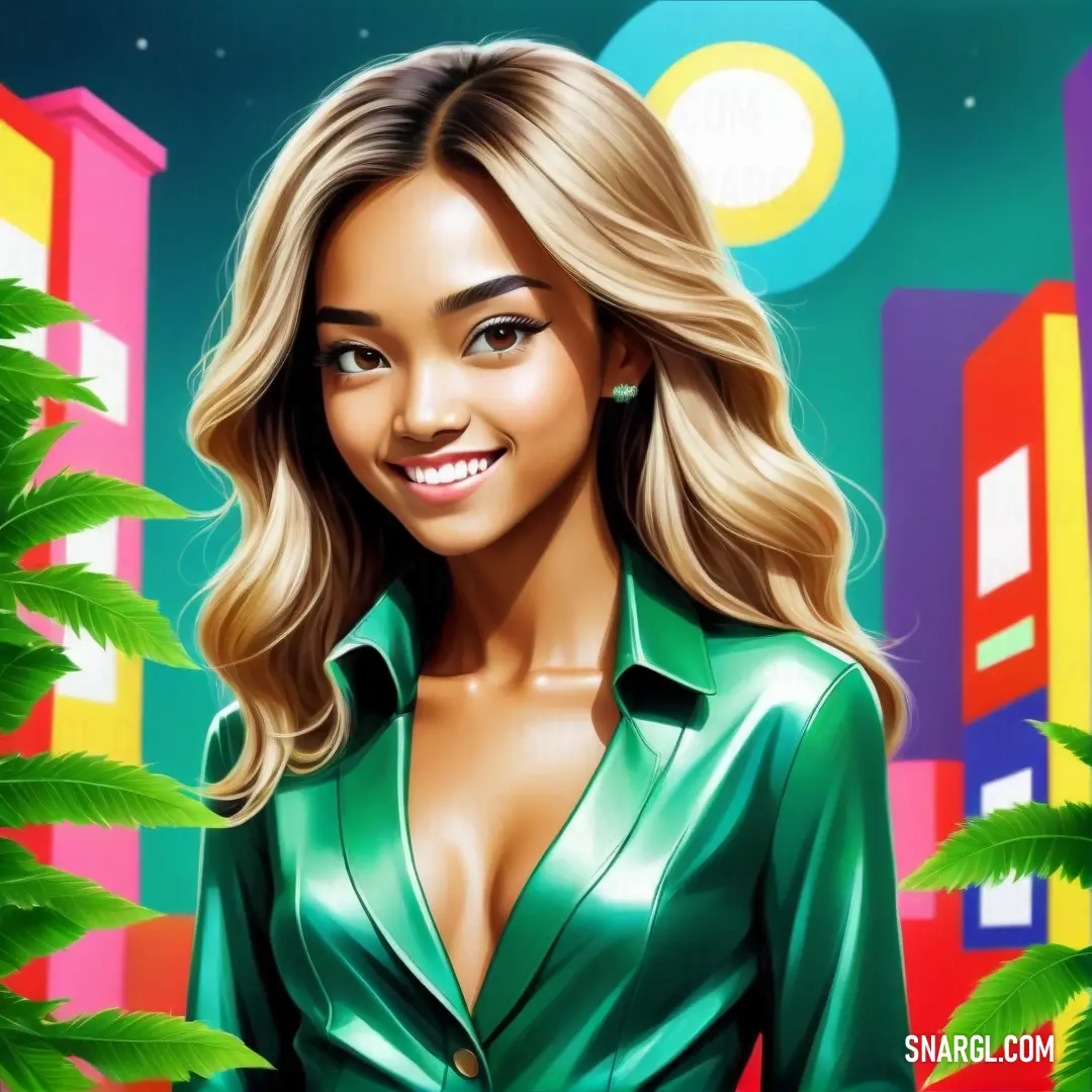 Woman in a green shirt and a green jacket standing in front of a cityscape with palm trees. Color RGB 33,169,107.