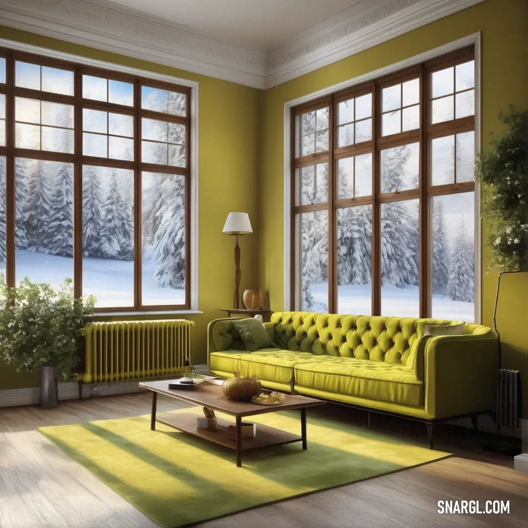 Living room with a couch and a table in front of two windows with a snowy scene on them. Example of #EFECEC color.