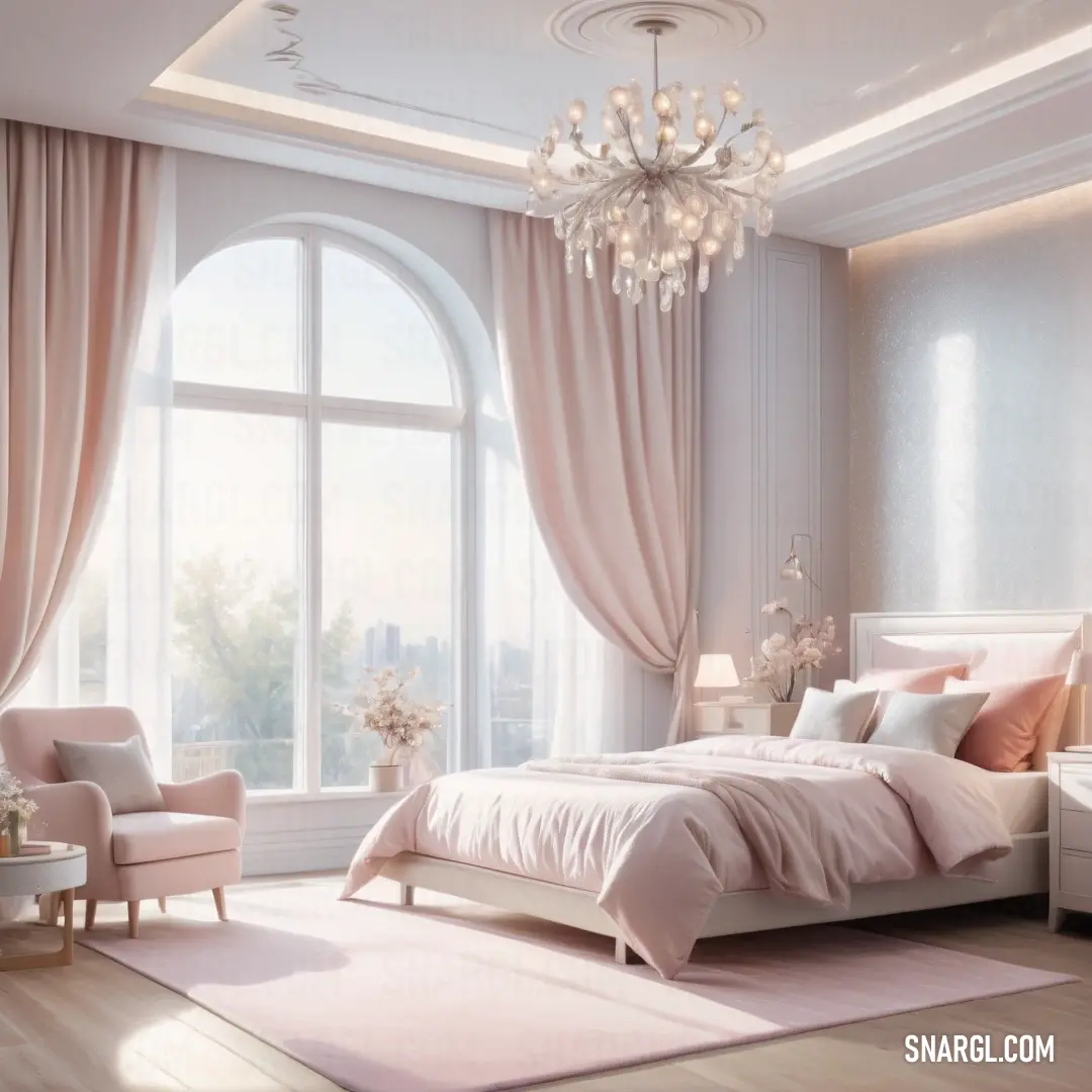 Bedroom with a large window and a chandelier hanging from the ceiling and a bed with pink sheets and pillows. Color RGB 239,236,236.