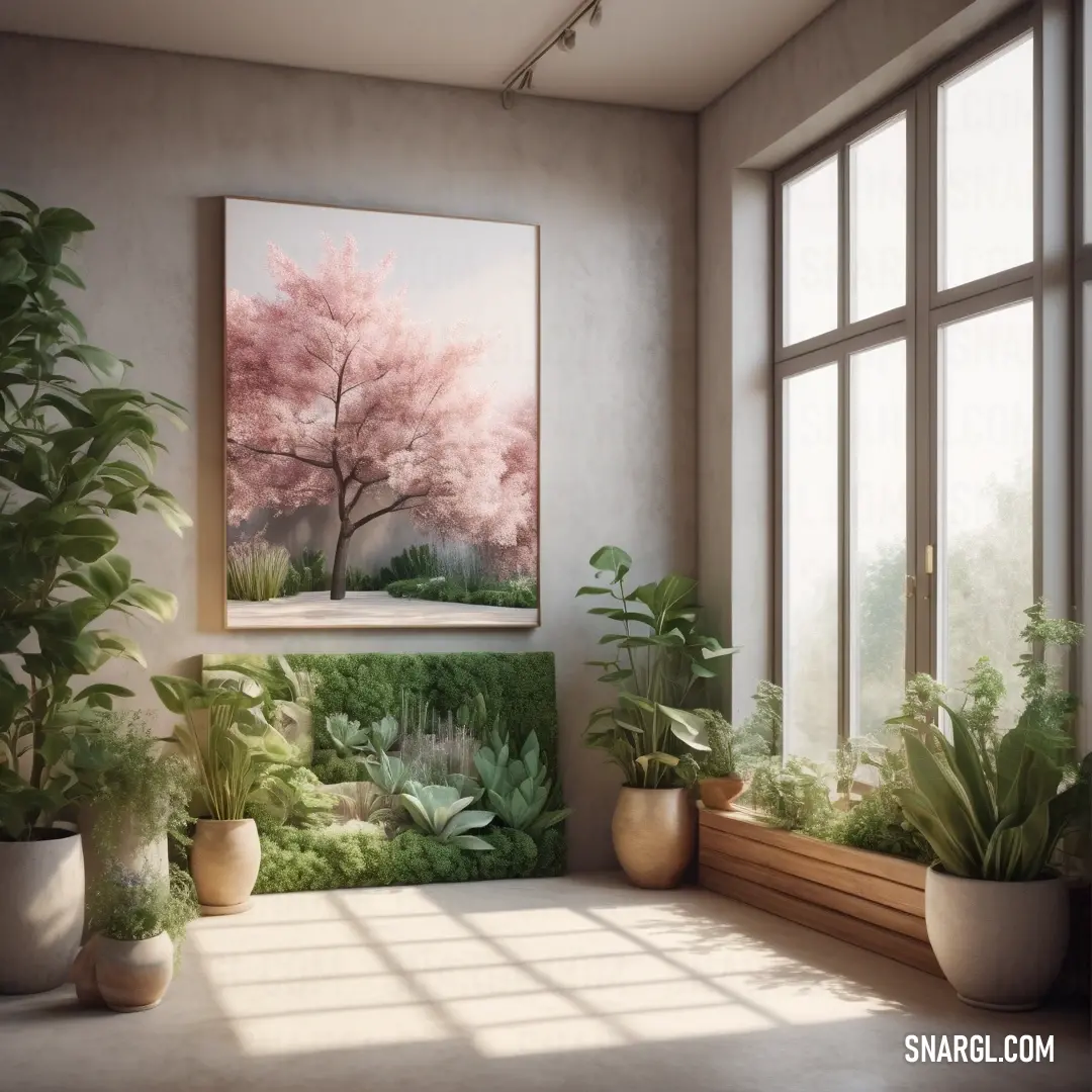 RAL 160-5 color example: Painting of a tree in a room with potted plants and a bench in front of it with a window