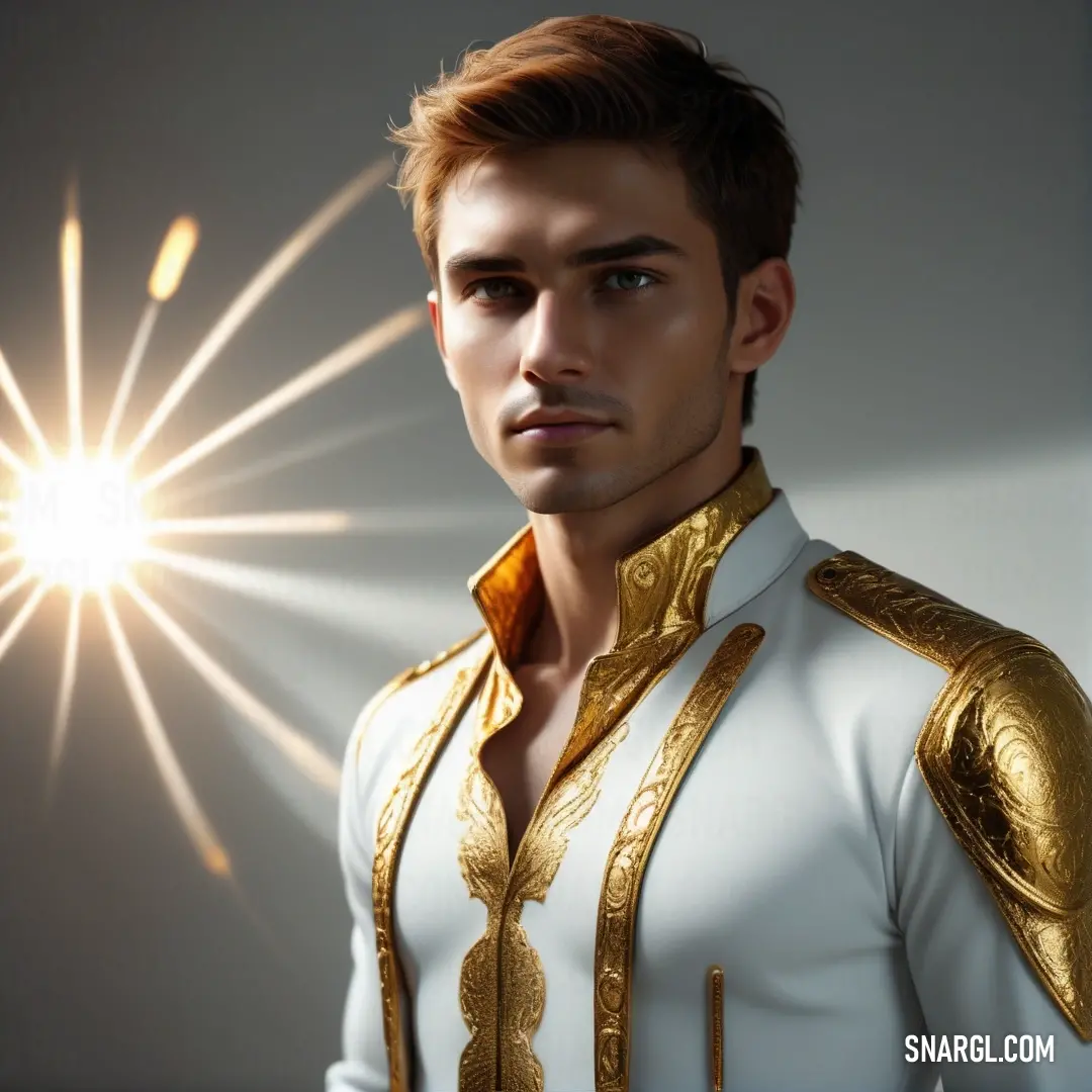 Man in a white shirt with gold trim and a star burst behind him. Example of RAL 170-1 color.