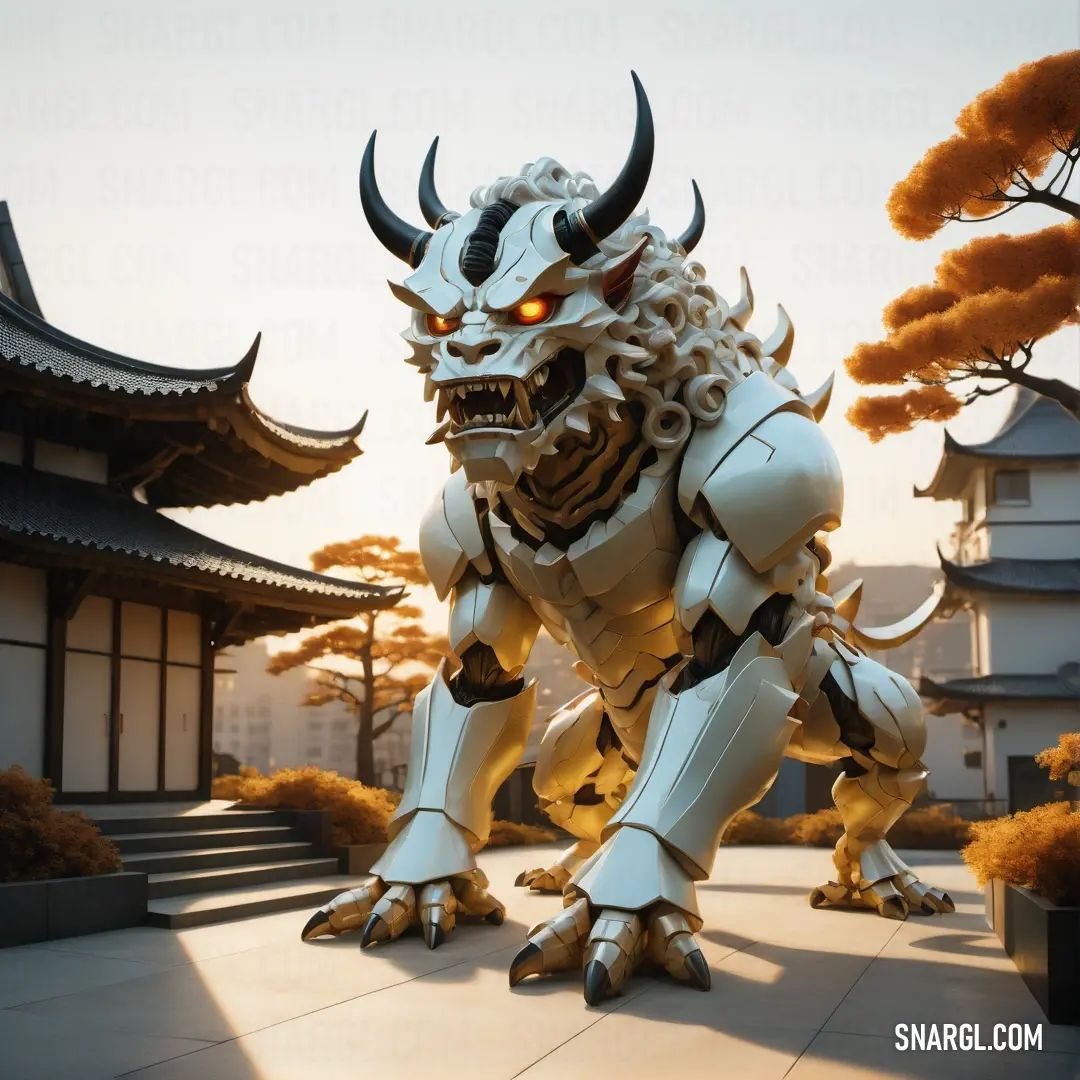 White dragon statue in front of a building with a pagoda in the background. Example of #CACCD5 color.