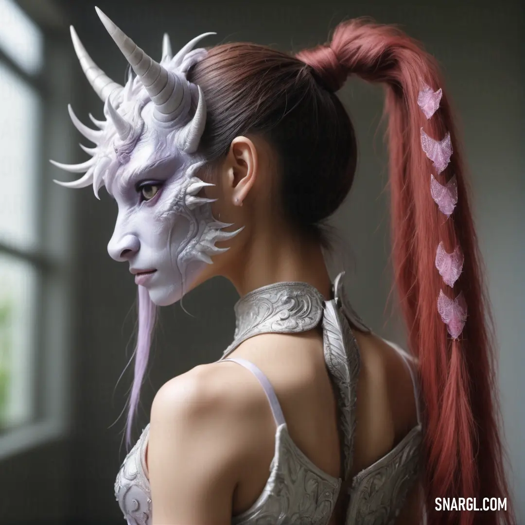 Woman with a ponytail and a goat mask on her head and a ponytail in her hair is wearing a silver dress. Color RGB 202,204,213.