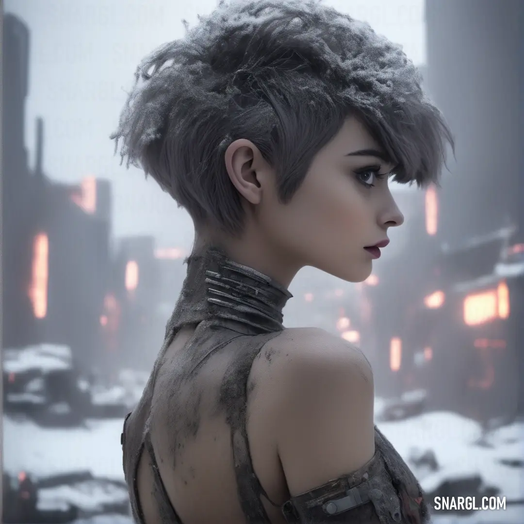 Woman with a short haircut and a collared top in a city setting with snow on the ground. Color #CACCD5.