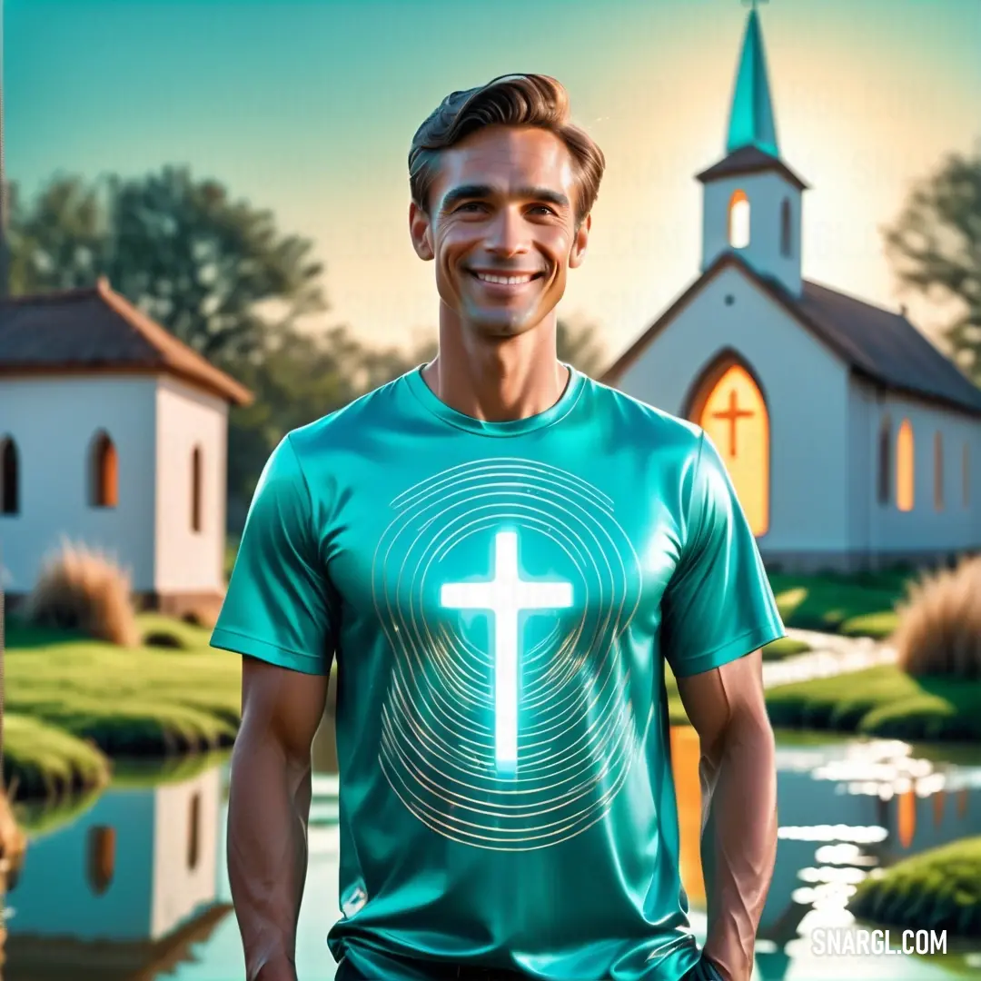 RAL 180 60 50 color. Man in a green shirt standing in front of a church with a cross on it's chest