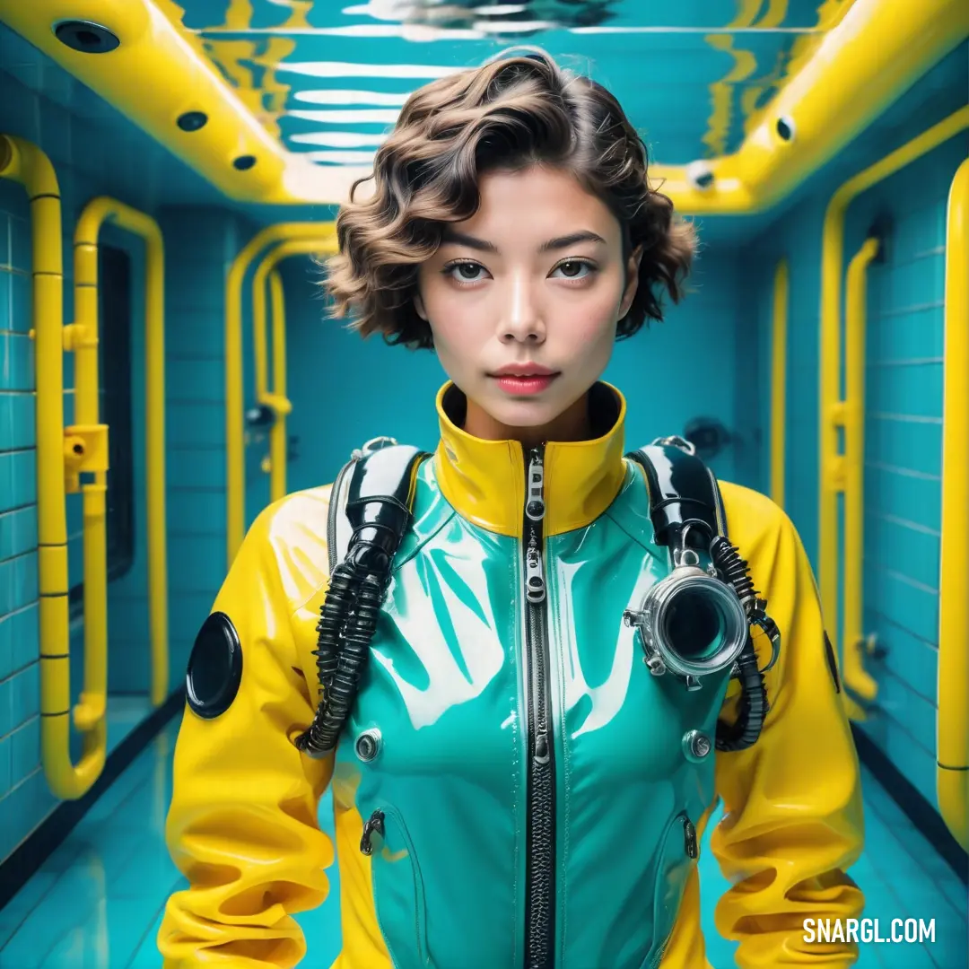 RAL 180 60 50 color. Woman in a yellow and blue jacket and a camera in a hallway with yellow pipes
