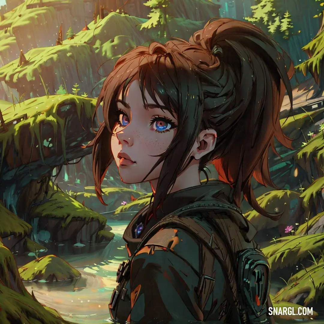 RAL 190 30 15 color example: Girl with blue eyes standing in a forest looking at something in the distance