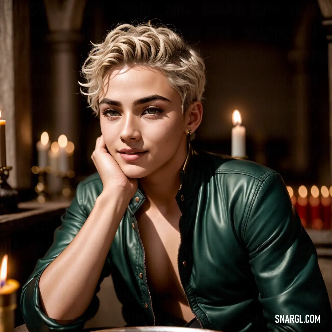 Woman with blonde hair at a table with candles in the background. Color #2F5352.