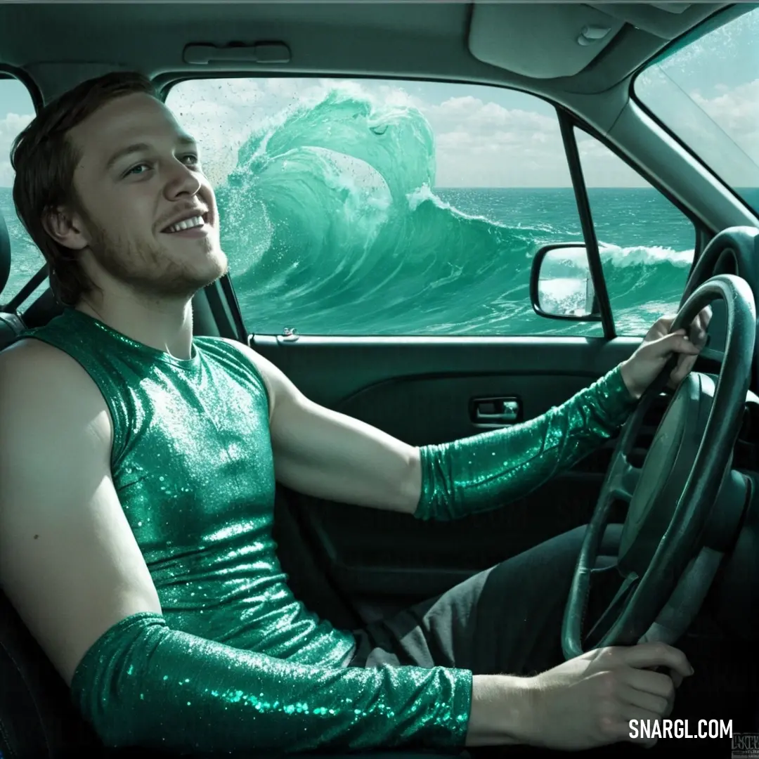 Man in a green dress driving a car in front of a wave in the ocean with his hands on the steering wheel. Color #015657.