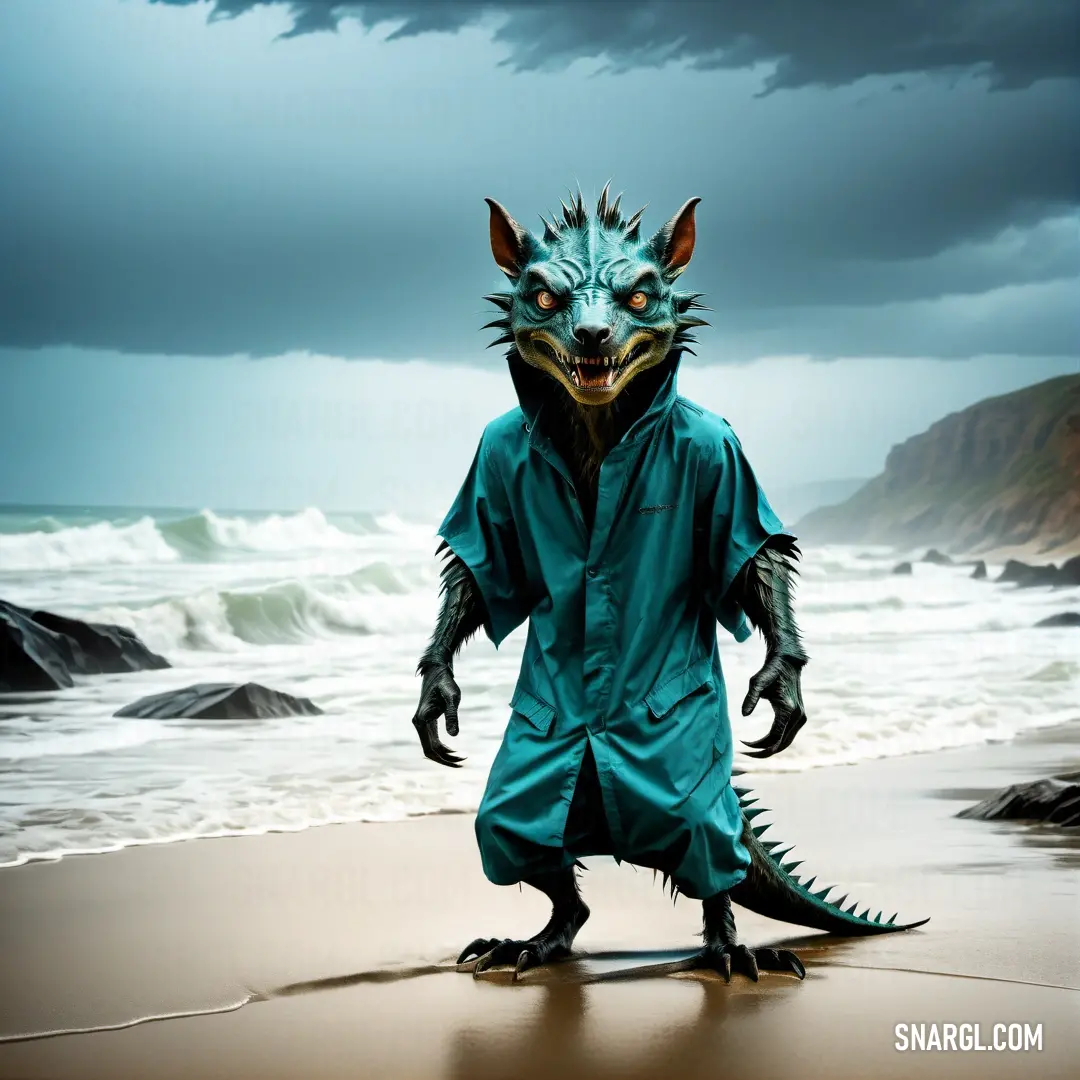 Creature with a blue coat and a green mask on a beach near the ocean with a dark sky. Color CMYK 85,27,47,49.