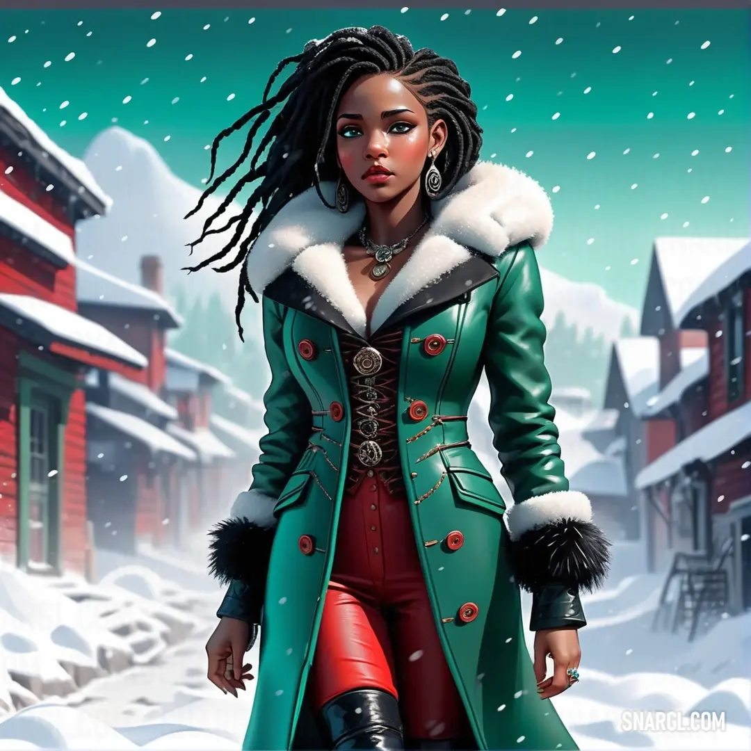 Woman in a green coat and red pants in the snow with a red and white background. Example of RGB 0,112,112 color.