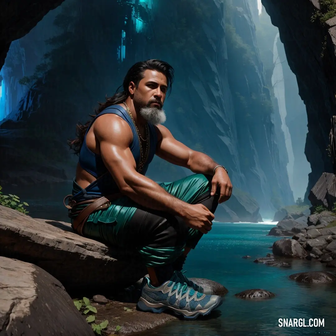 Man on a rock next to a river in a cave with a waterfall in the background. Example of CMYK 83,11,42,20 color.