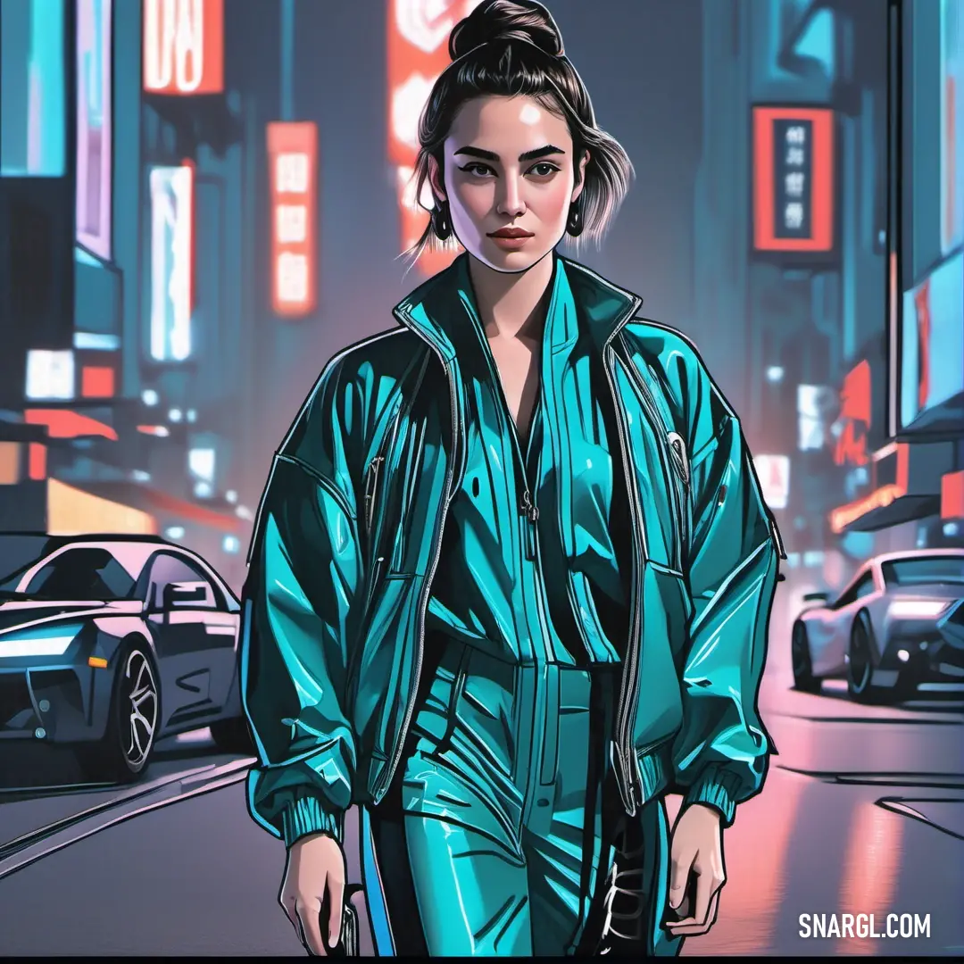 Woman in a green outfit is walking down the street in the city at night time with neon lights. Color CMYK 83,11,42,20.