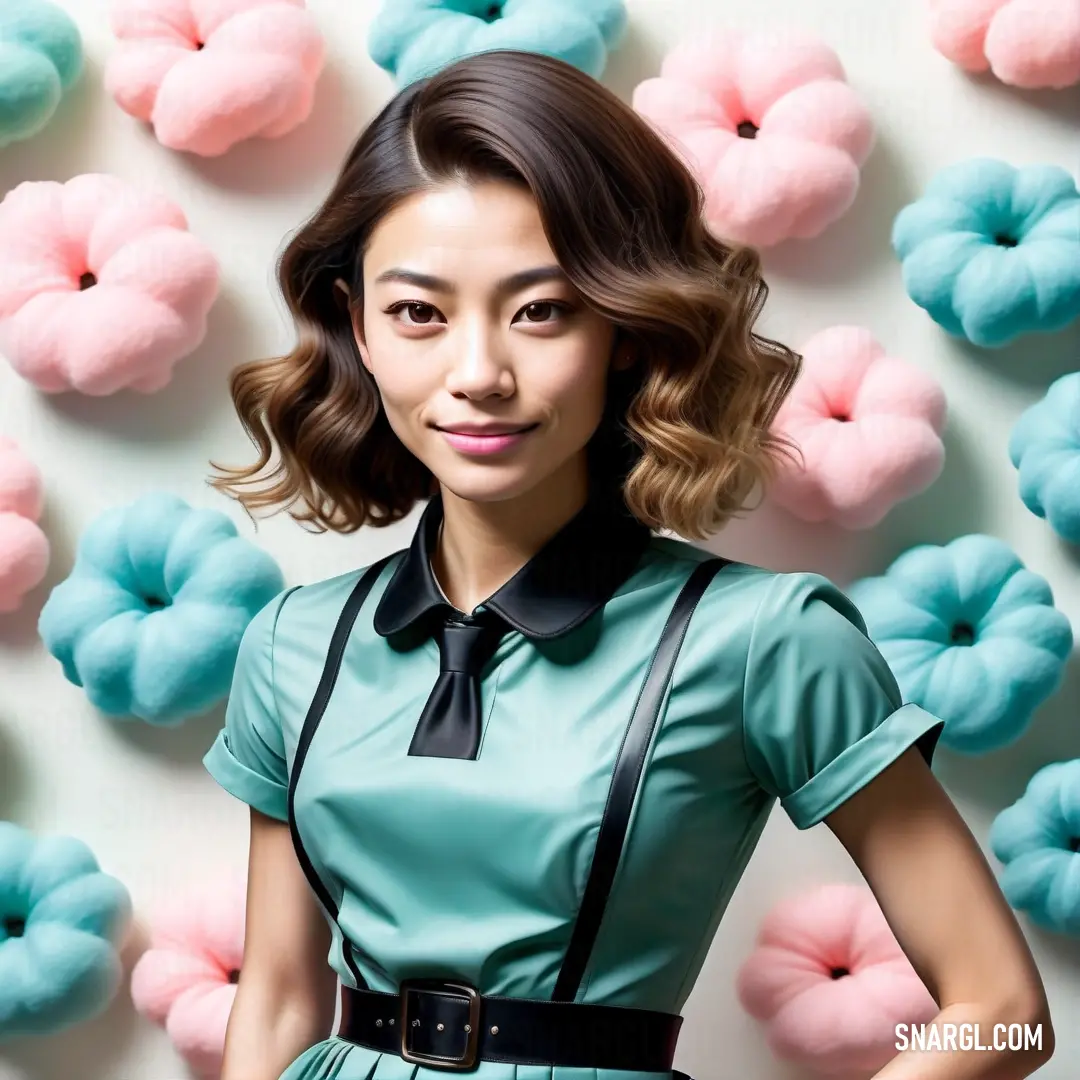 Woman standing in front of a wall of donuts with a tie on it's neck and a black belt. Example of CMYK 56,8,20,3 color.