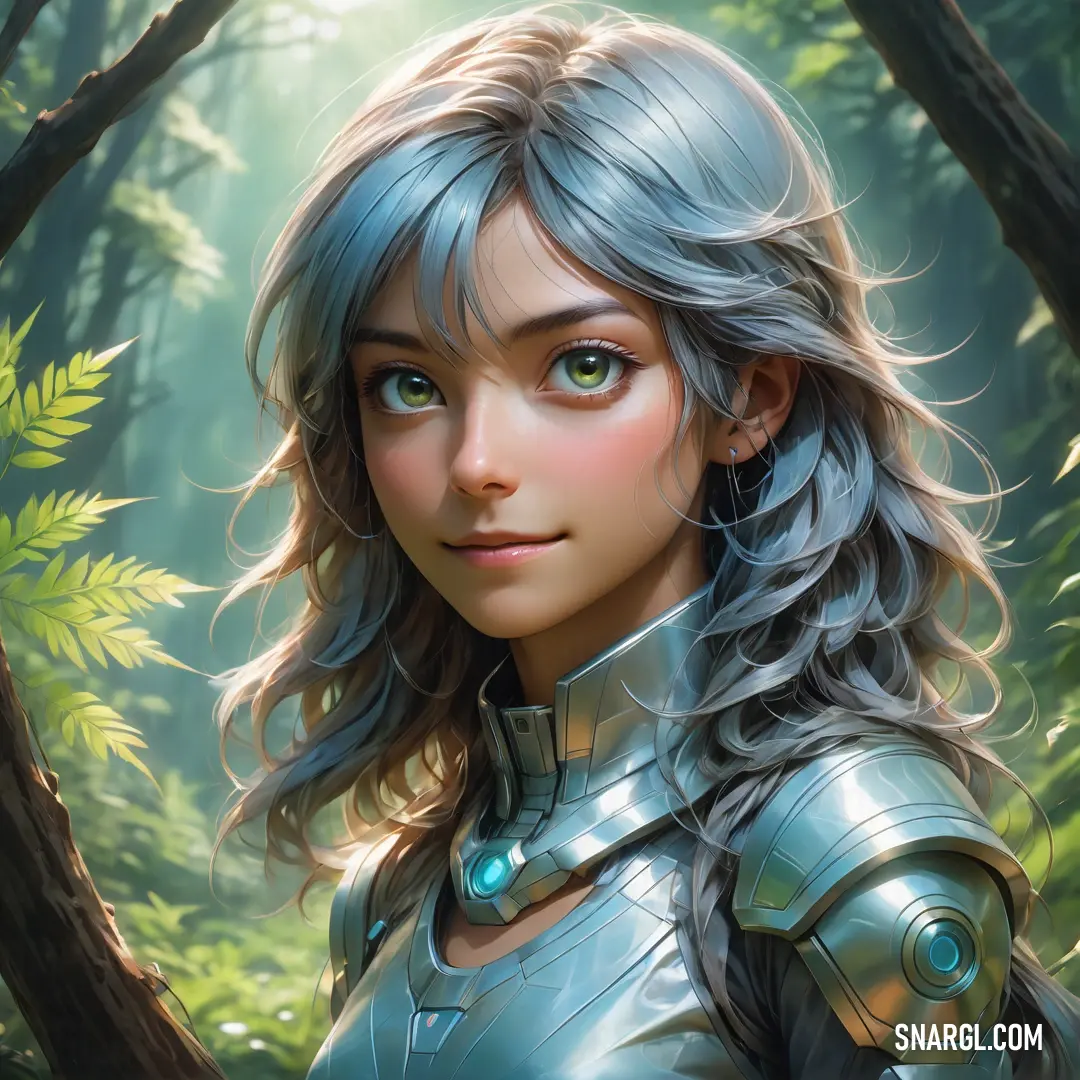 Woman in a suit of armor standing in a forest with trees and leaves behind her. Color #70B8C6.