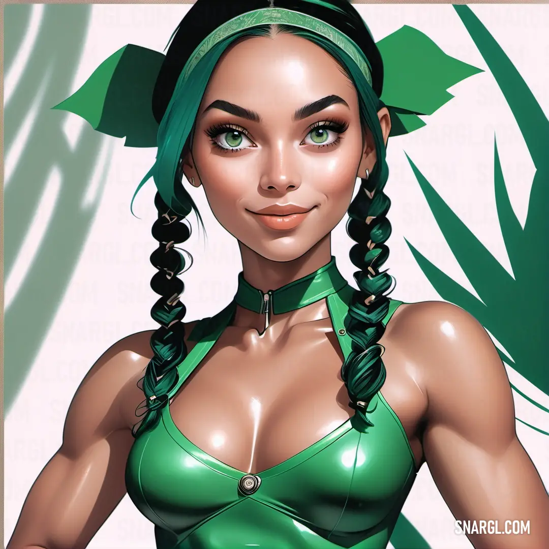 Digital painting of a woman in a green bikini top and braids with a green hair style. Color CMYK 58,0,71,0.
