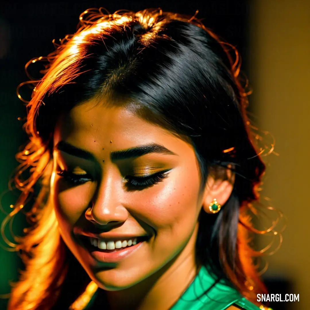 Woman with a green shirt and a smile on her face and a cell phone in her hand. Color RAL 220-1.