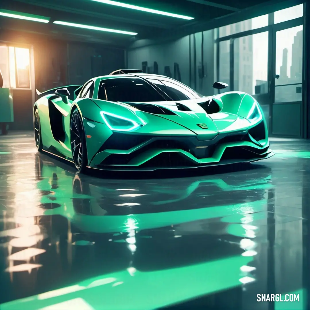 Green sports car in a dark room with a bright light coming from the window and a person standing in the background