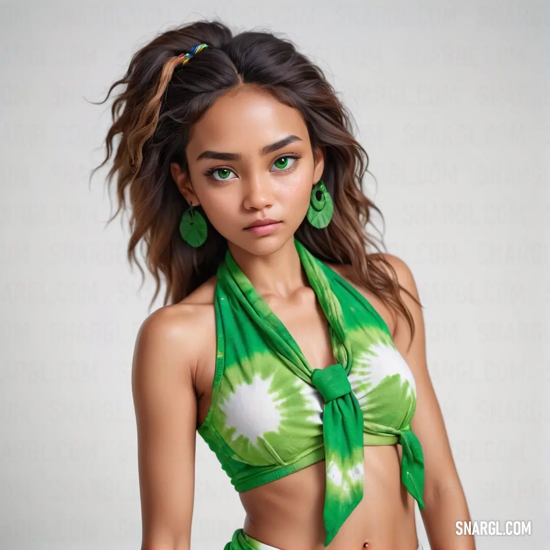 Woman in a green bikini top and green earrings is posing for a picture with her hair in the wind. Example of RAL 220-3 color.