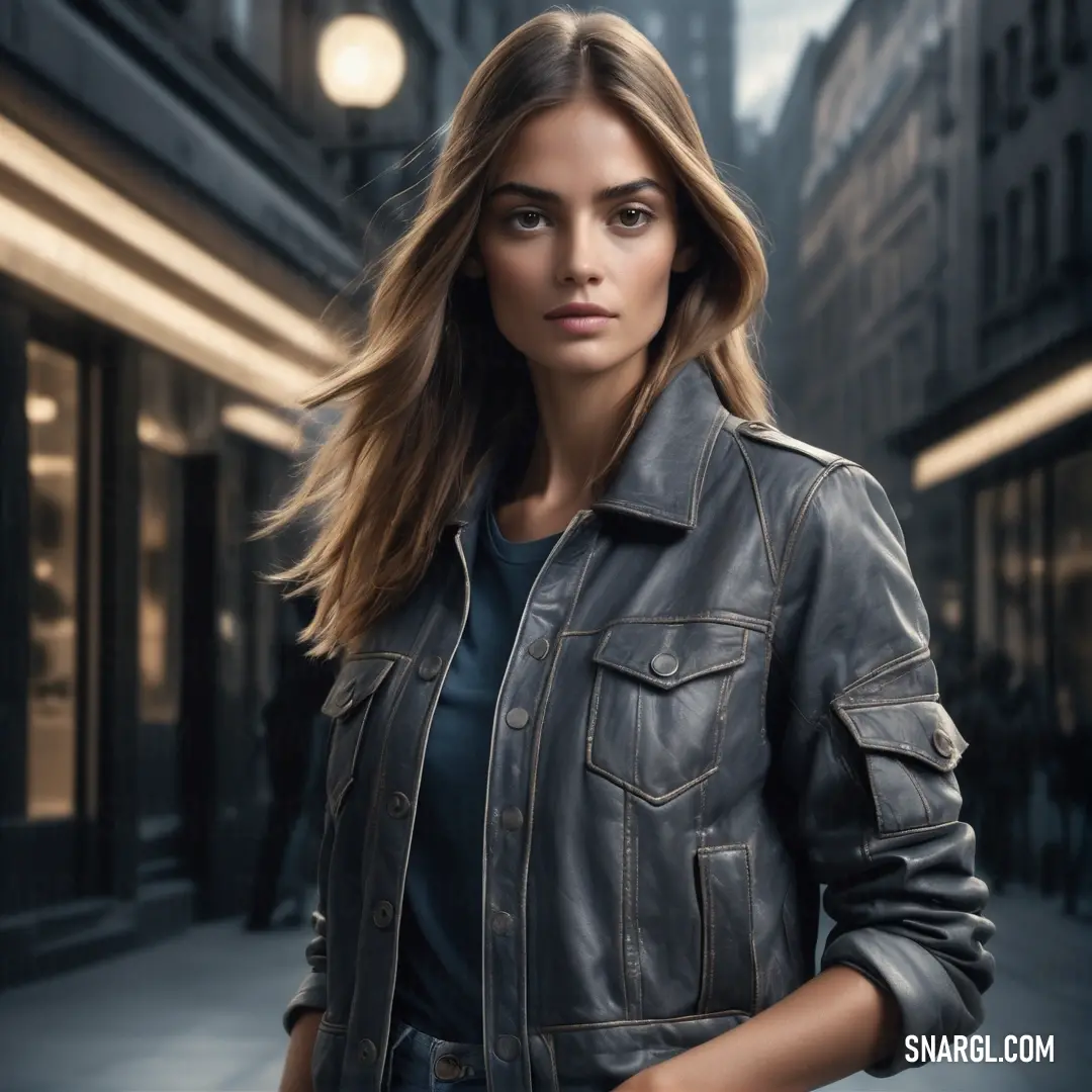 Woman in a leather jacket is standing in a city street at night. Color CMYK 73,46,45,47.