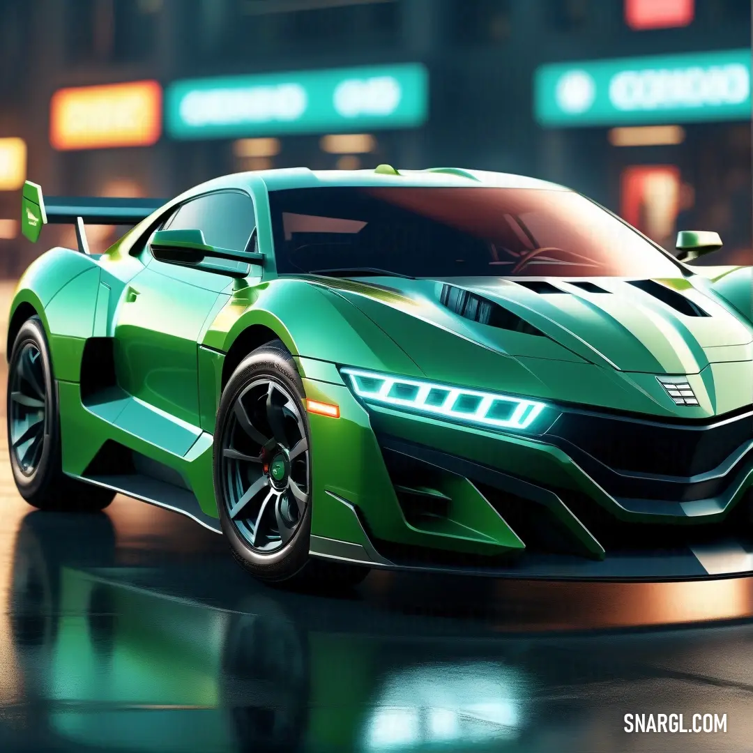 Green sports car is shown in a digital painting style, with a city background. Example of #118D5F color.