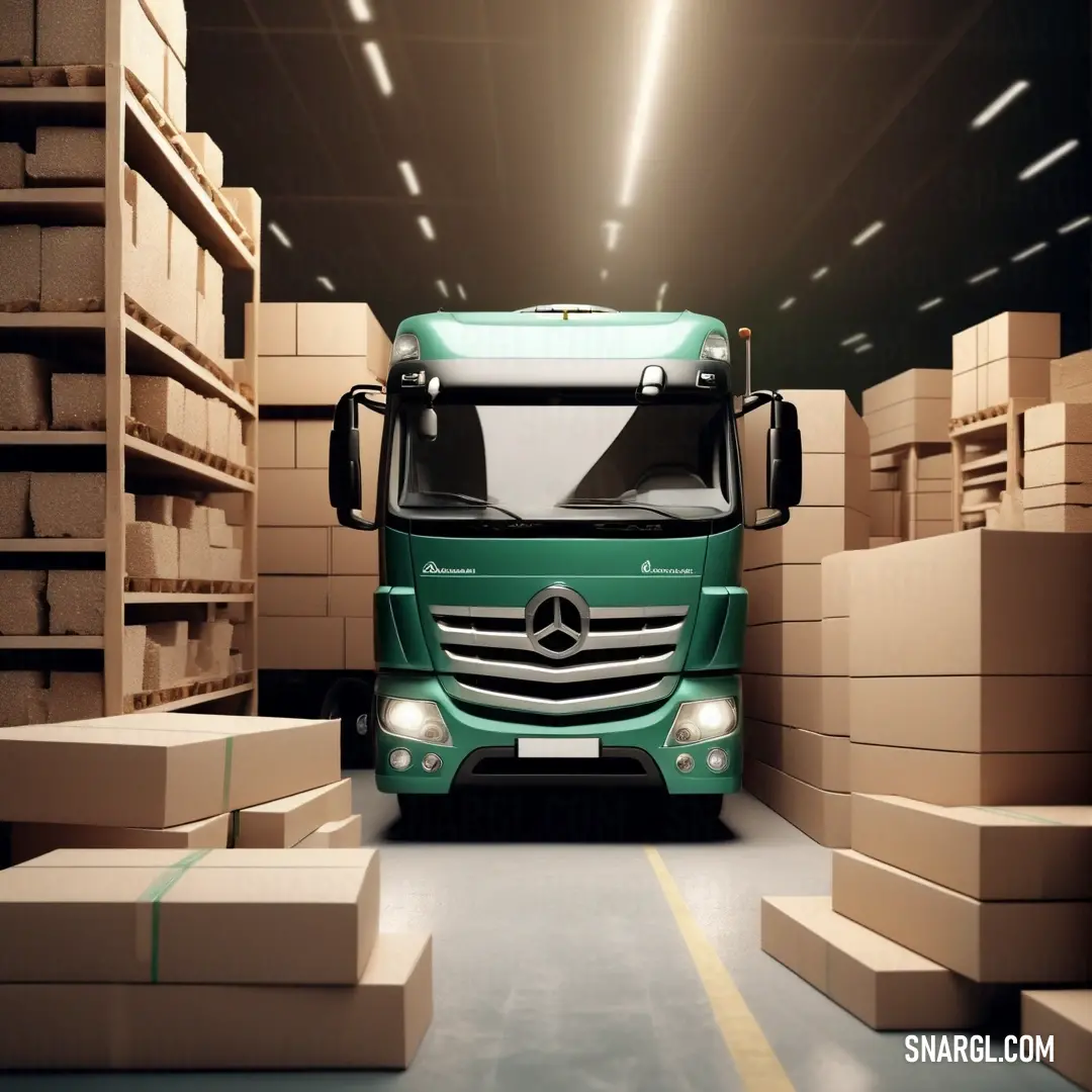 Green truck driving through a warehouse filled with boxes and boxes on the floor. Example of CMYK 96,20,100,10 color.