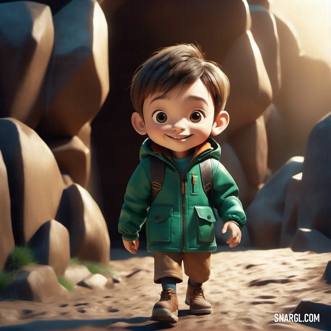 Cartoon boy in a green jacket walking on a rocky area with rocks and grass in the background. Color RAL 220-4.