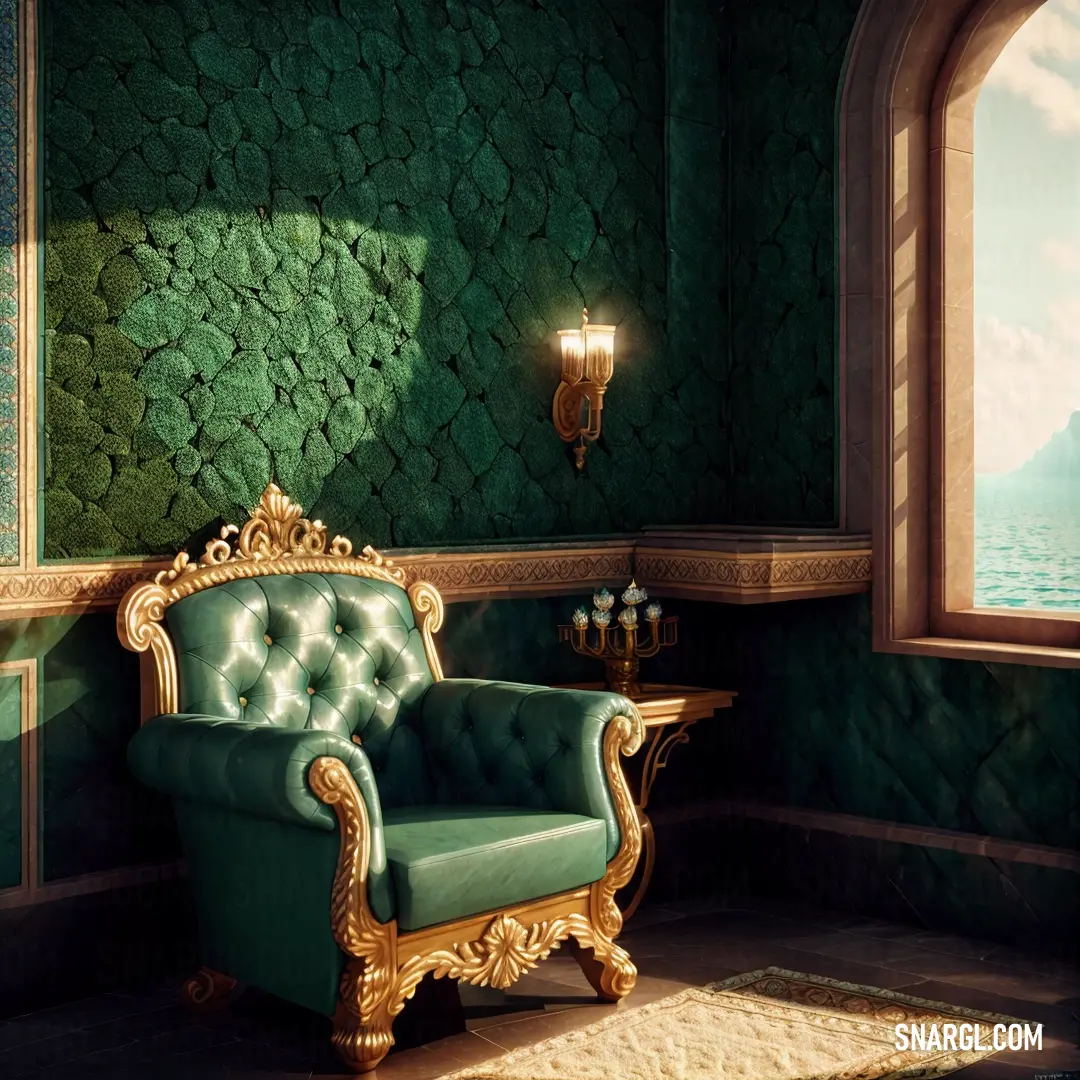 Green chair in a room next to a window with a view of the ocean and mountains outside. Color RGB 17,141,95.
