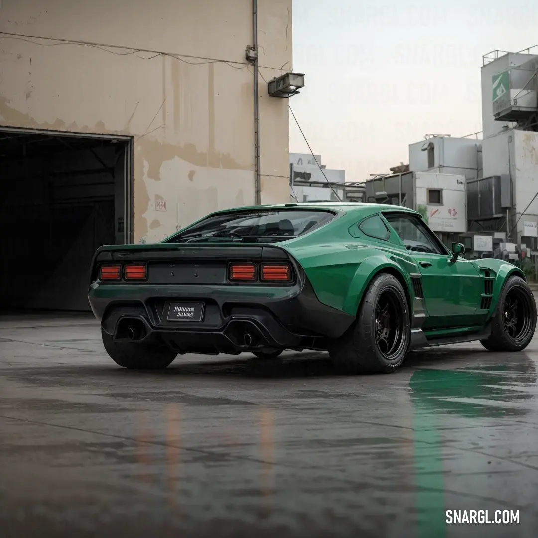 RAL 220-4 color. Green sports car parked in front of a building on a wet street