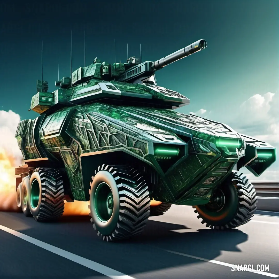 Green vehicle with a rocket on the back of it driving down a road with a sky background. Color #118D5F.
