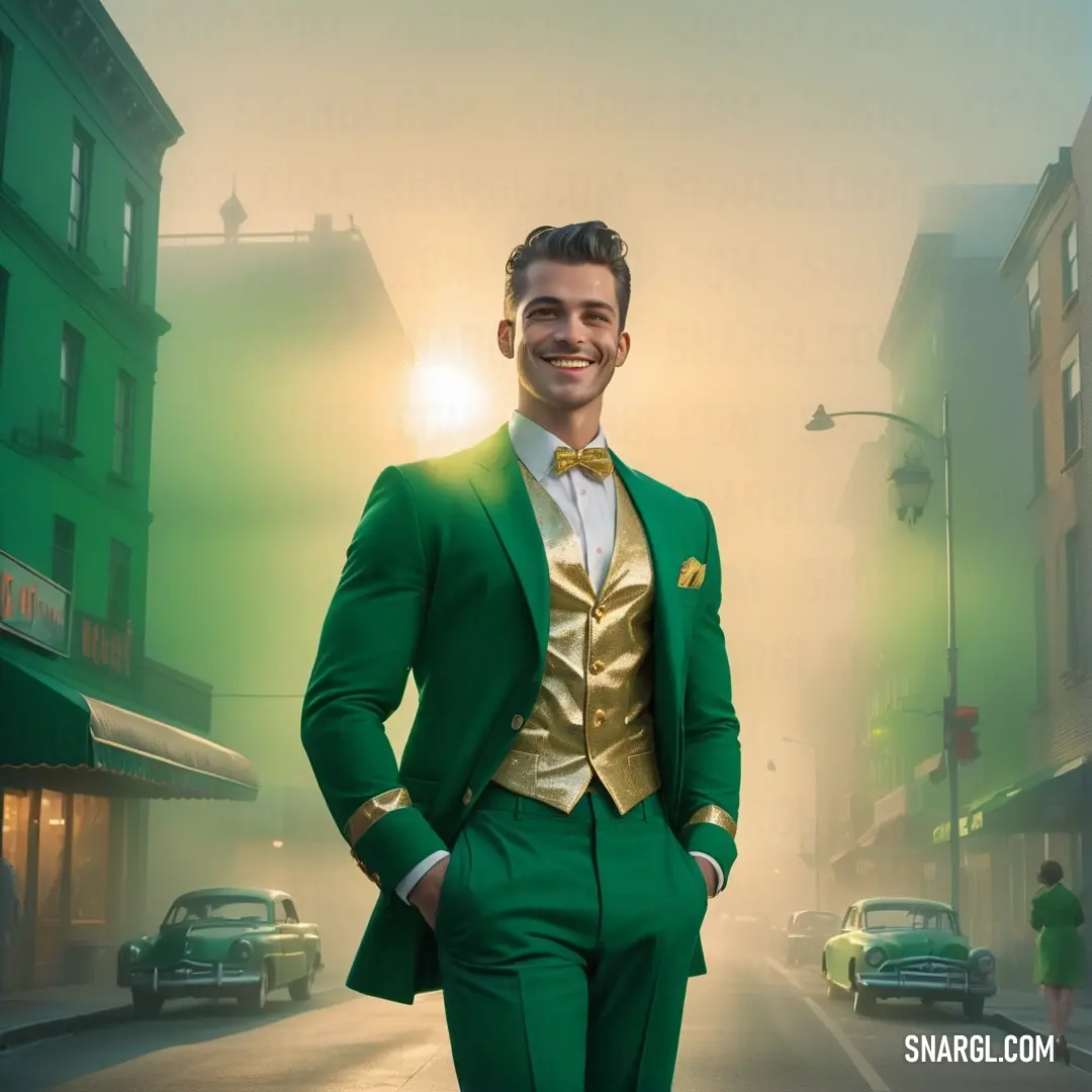 Man in a green suit and gold bow tie standing on a street with cars in the background. Example of CMYK 96,20,100,10 color.