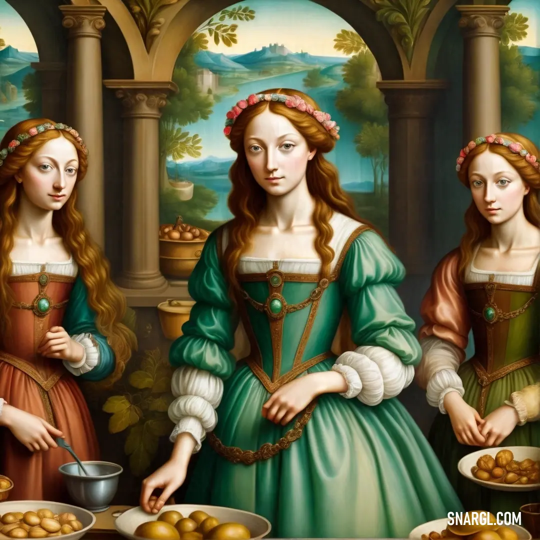 Three women in renaissance dress are standing in front of a table of food and plates of potatoes. Color CMYK 96,20,100,10.