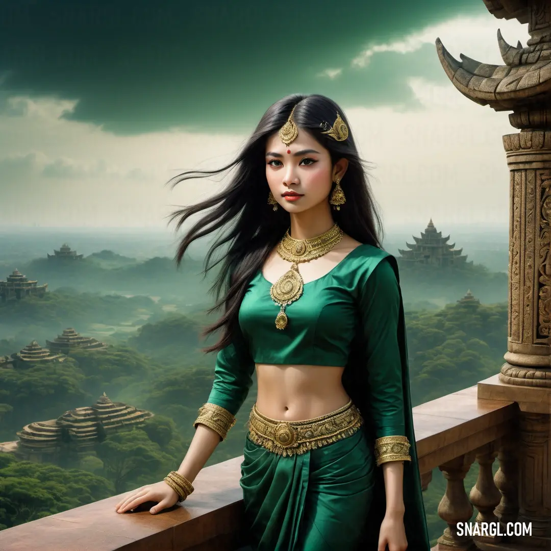 Woman in a green outfit standing on a balcony with a view of a forest and a pagoda in the background. Color RAL 220-4.