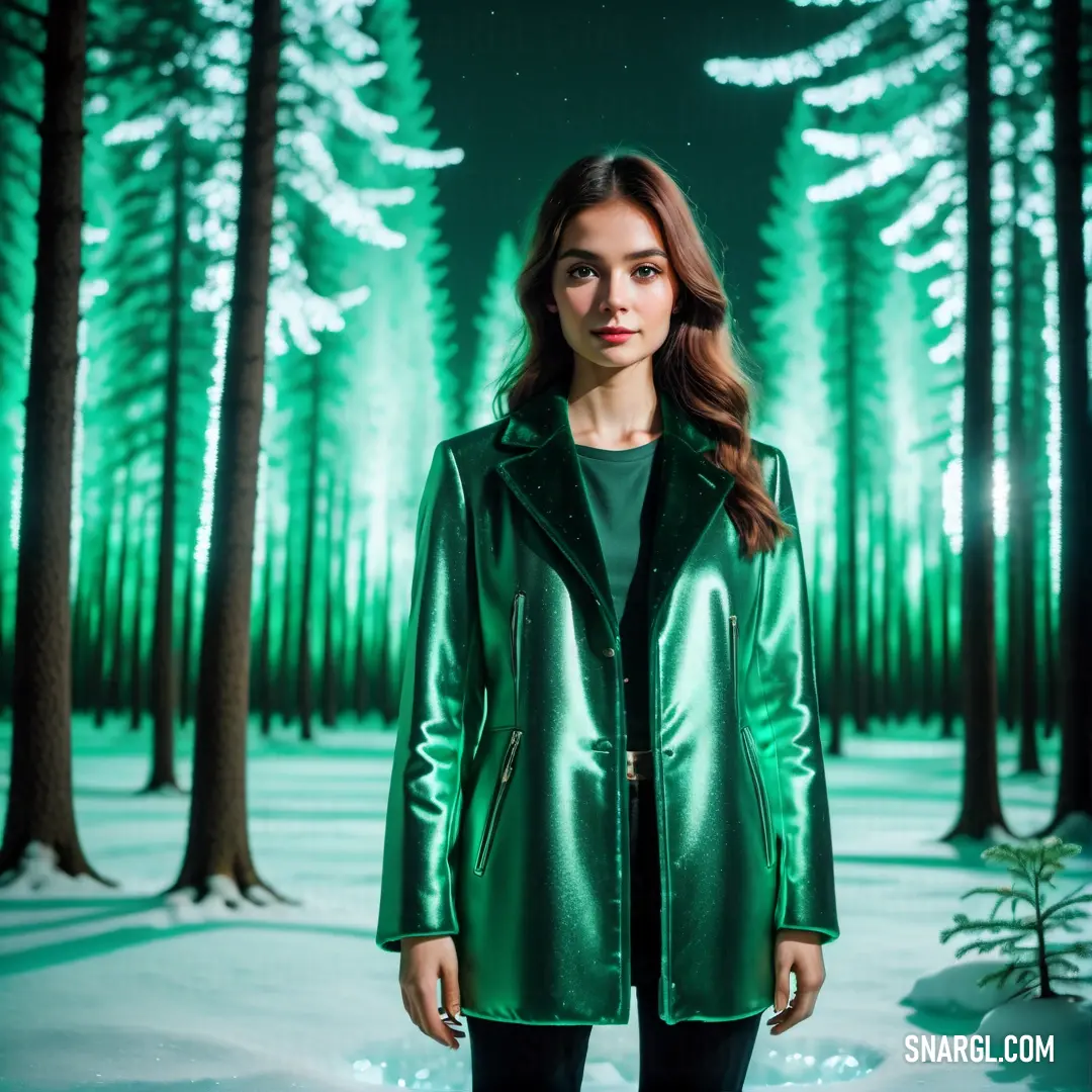 Woman standing in the snow in a green jacket and black pants with trees in the background. Color RAL 220-4.