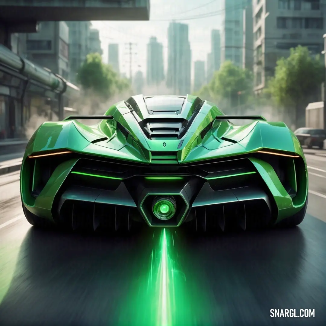 RAL 220-5 color. Futuristic car driving down a city street with green lights on it's front end