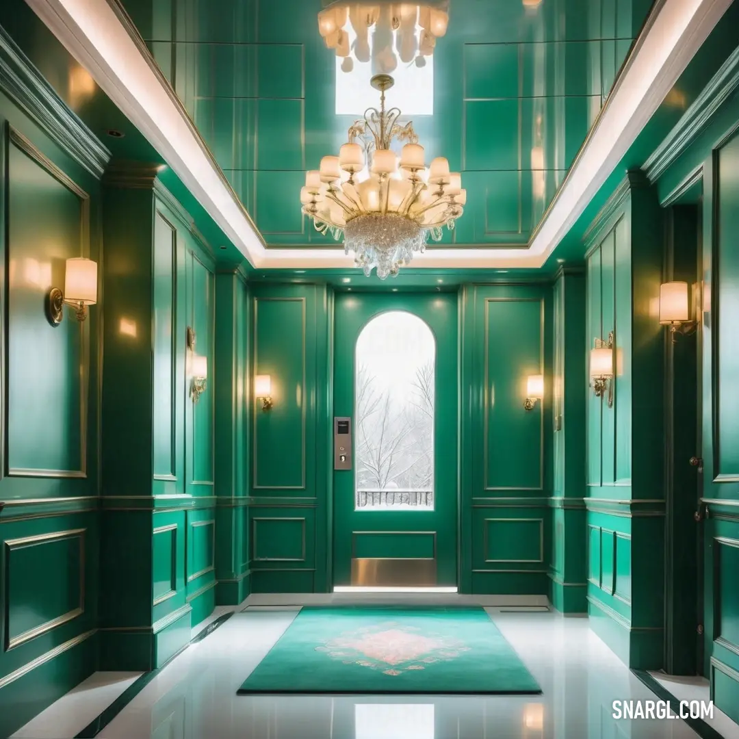 Green hallway with a chandelier and a chandelier hanging from the ceiling and a green door. Color CMYK 84,0,71,30.