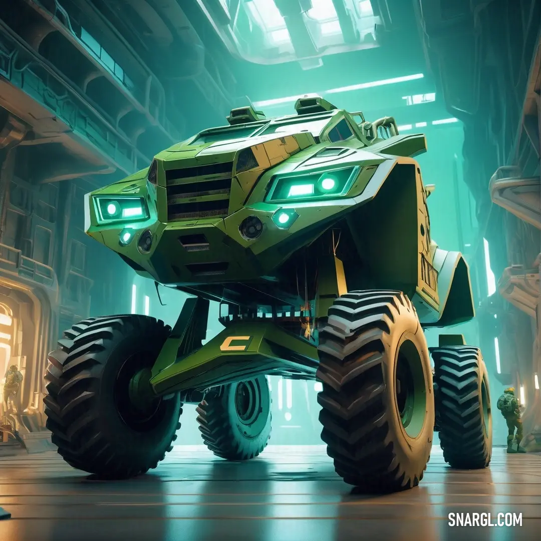 Green vehicle with large wheels in a futuristic setting with a man standing next to it. Example of RAL 220-5 color.