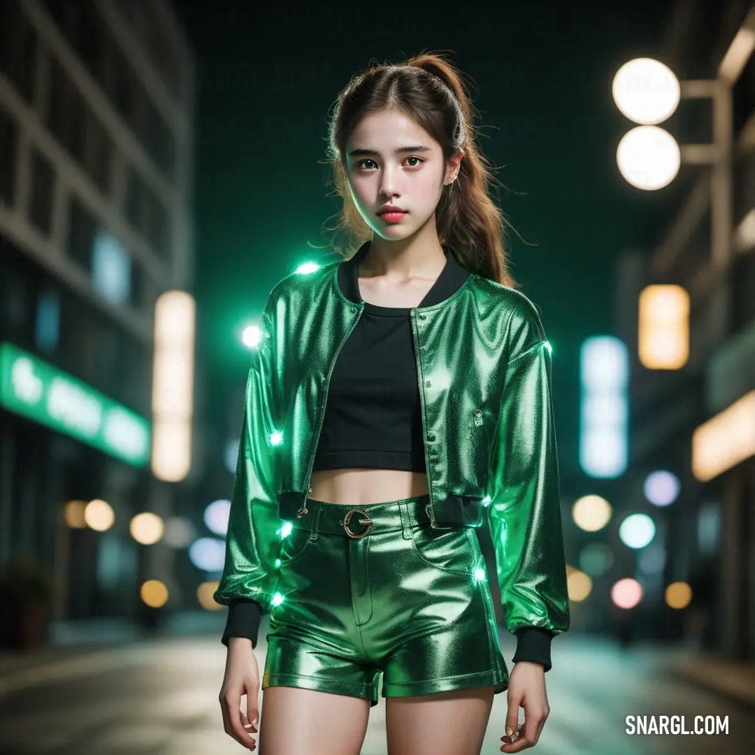 Woman in a green jacket and shorts standing in a street at night with lights on her face and a black top. Example of #15865A color.