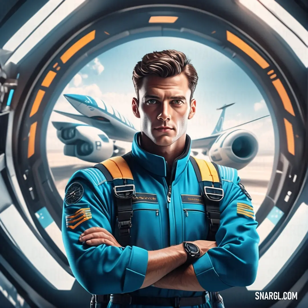 Man in a blue uniform standing in front of a window with a plane in the background. Example of #0082A5 color.