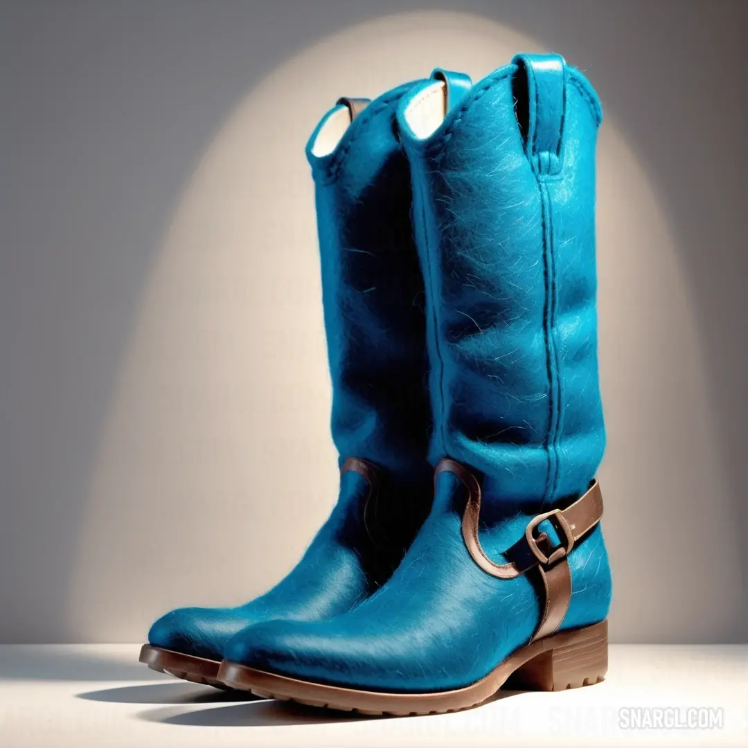 Pair of blue boots with a brown belt and a light on the side of the boot is a white wall. Example of RAL 220 60 40 color.