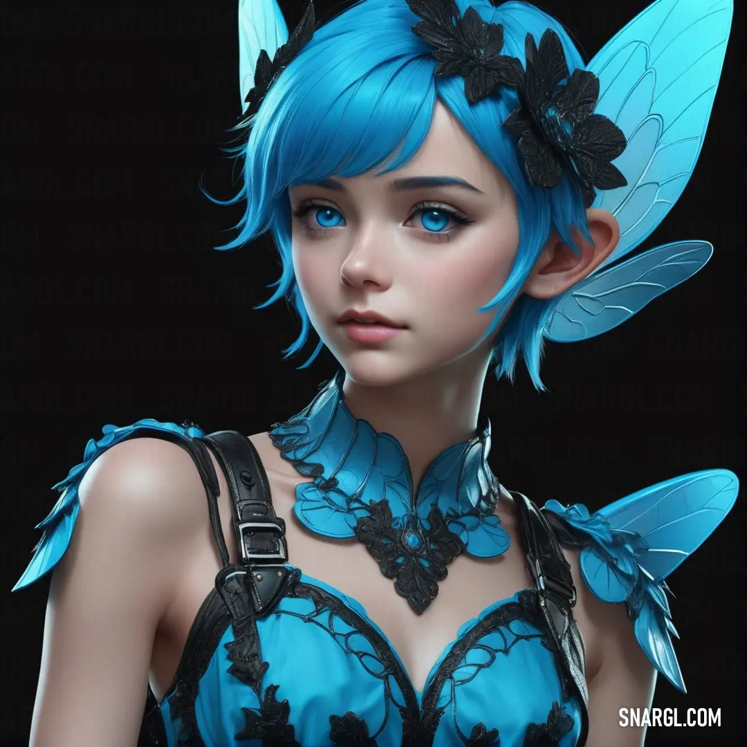 Woman with blue hair and wings on her head and chest. Color CMYK 73,12,12,11.