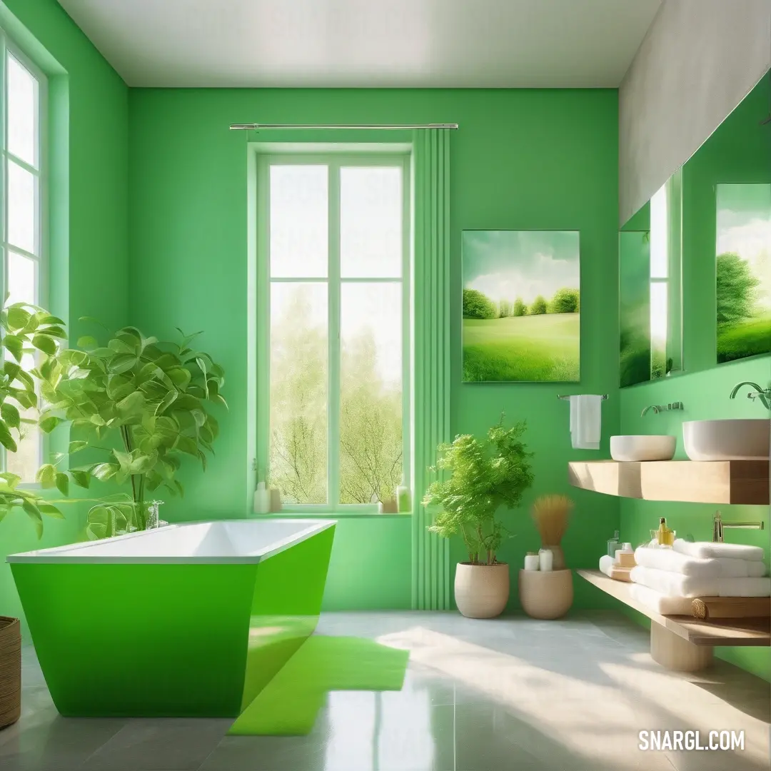 RAL 230-3 color example: Bathroom with a green tub and a green plant in the corner of the room