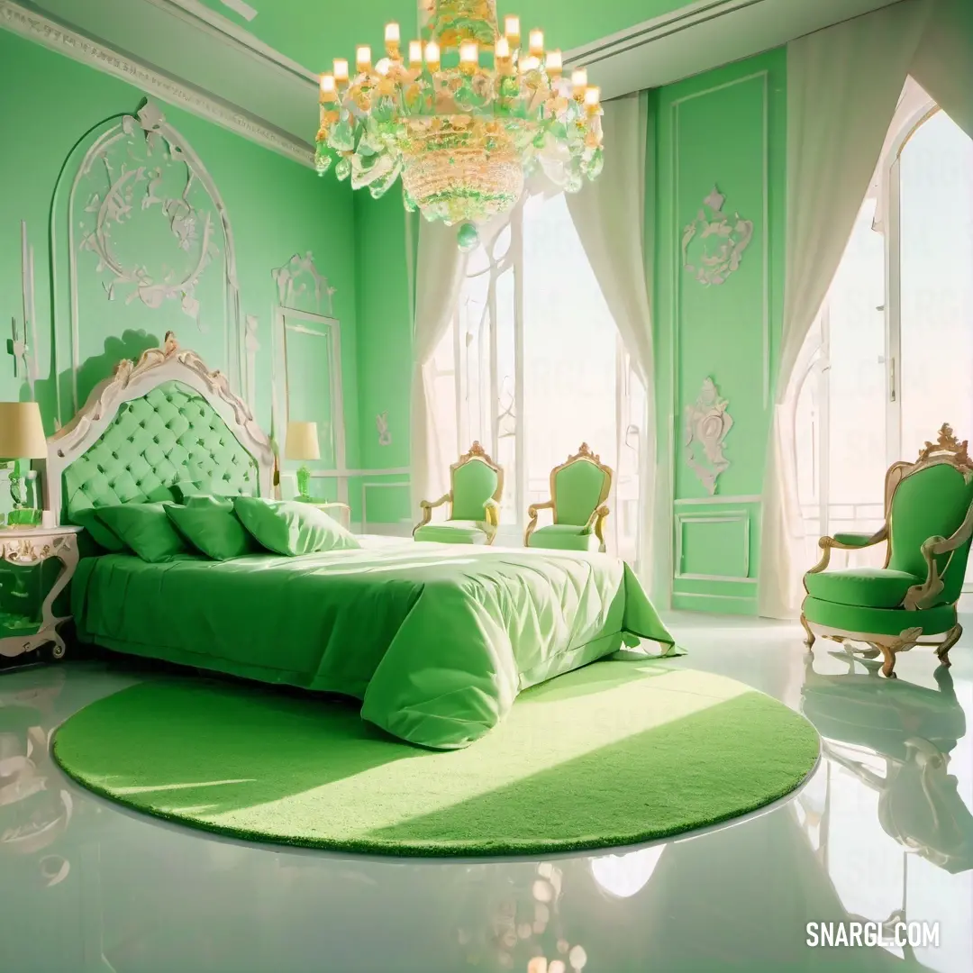 Bedroom with a green color scheme and a chandelier hanging from the ceiling and a bed. Example of RAL 230-3 color.