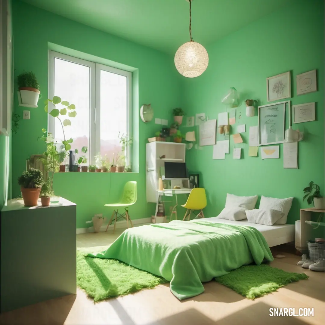 Bedroom with a green wall and a bed with a green blanket on it and a desk with a computer. Example of #64C04E color.