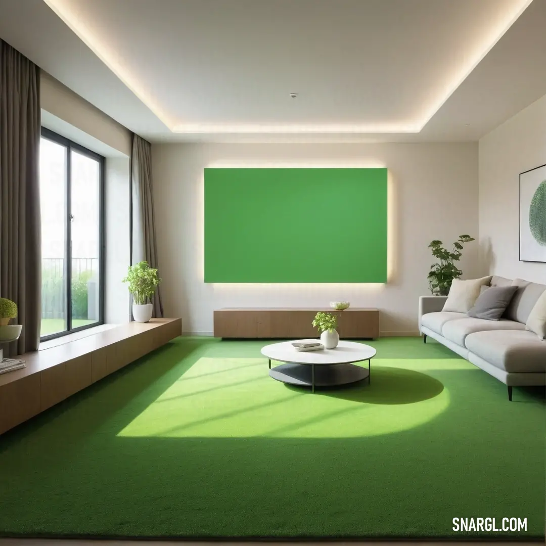 Living room with a green wall and a white couch and a green rug on the floor and a coffee table. Example of RGB 100,192,78 color.