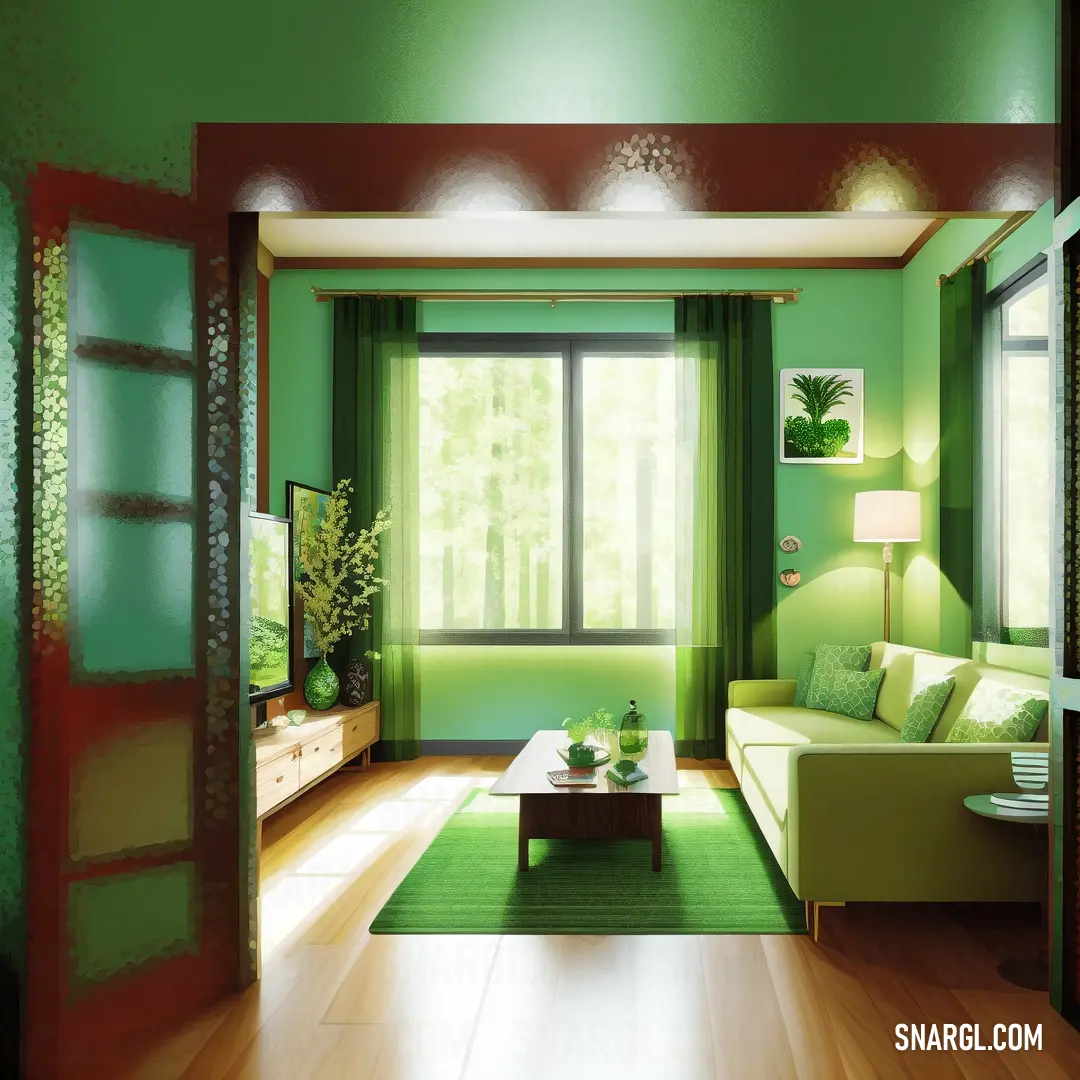 Living room with a green wall and a green rug on the floor. Color RGB 100,192,78.